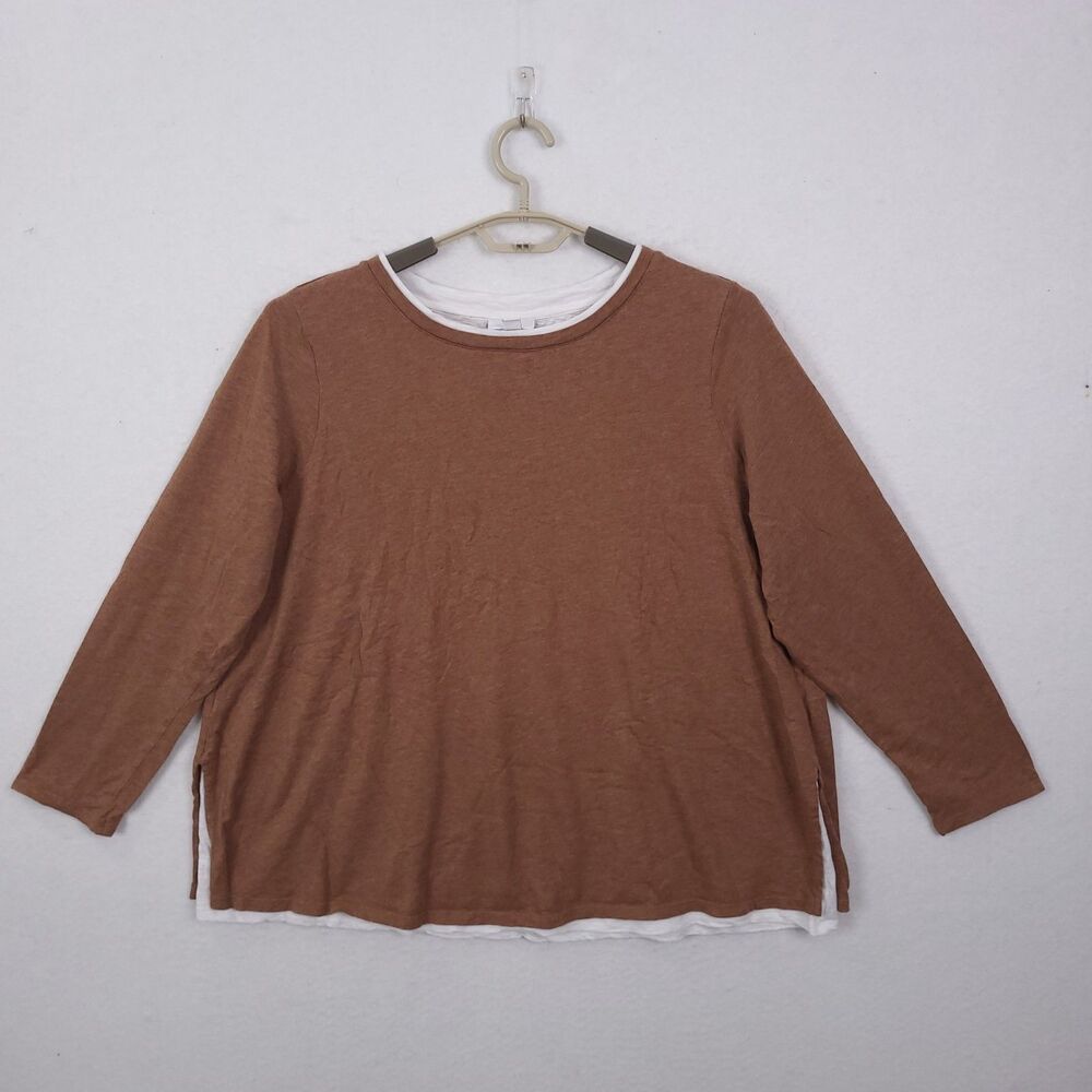 J Jill Top Shirt Womens Size XL Brown Lagenlook White Line Cotton Blend Pullover